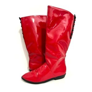 Vintage 80s Glossy Red Vinyl PullOn Knee Boot Flat Pointed Toe Button Detail 7.5